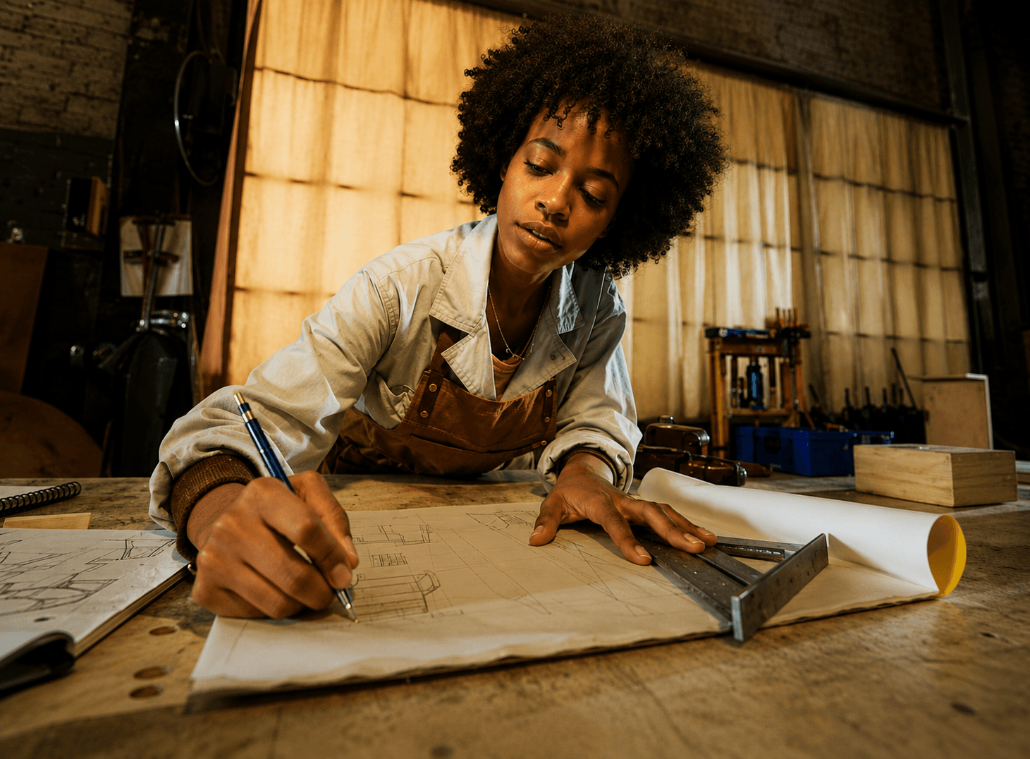 A creative director sketching a stage concept in her workshop